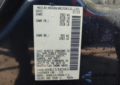 2020 Nissan Altima Sl Fwd z USA, uszkodzony, nr VIN 1N4BL4EV8LC134565